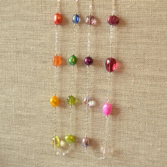 Long Rainbow Gemstone and Pearl Necklace in Sterling Silver - Picture 4 of 8